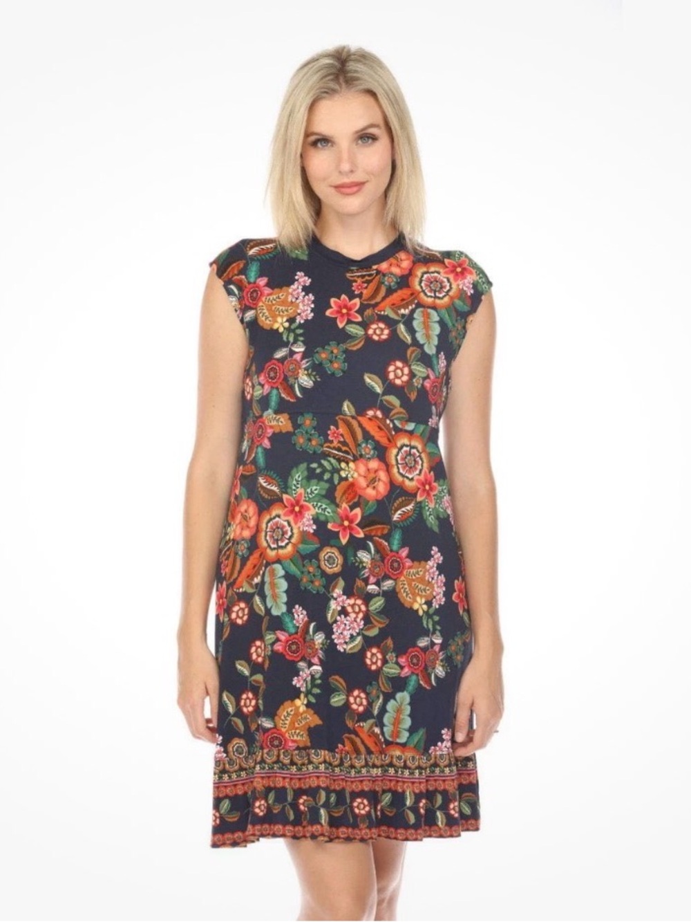 Johnny Was Navy Mini Dress with Multicolor Floral Print - Picture 2 of 4